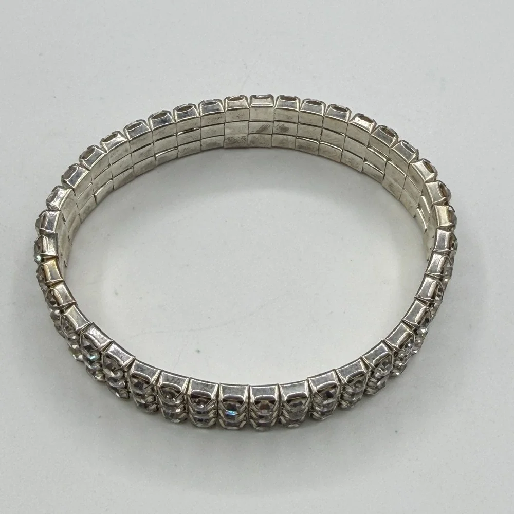 3 Row Clear Rhinestone Stretch Bracelet Silver Tone Sparkle Statement Jewelry